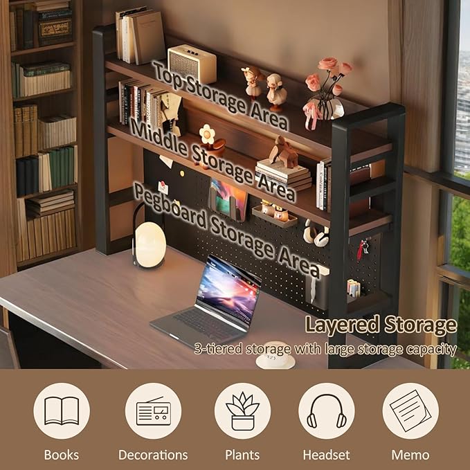 2/3 Tier Desk Hutch with Pegboard, Desk Shelf Organizer with Metal Frame, Space Saving Desktop Bookshelf, Desktop Shelf Organizer Display Rack for Study Table, Home, Of White+White 22×10×26"(2-Tiers)