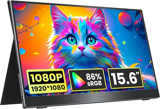 Portable Monitor 15.6 inch 1080P FHD 86% sRGB 60Hz, Travel Monitor for Laptop MacBook Surface PC Xbox PS5, HDMI Dual USB-C VESA Compatible Built-in Speaker, with Cover
