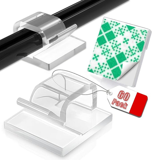 60PCS Adhesive Cable Clips, Heavy-Duty Cord Clips for Cable Management, Outdoor Christmas Light Clips Hooks, Traceless Clear Wire Holders Cord Organizer for Wall, Desk, LED, Car(Small)