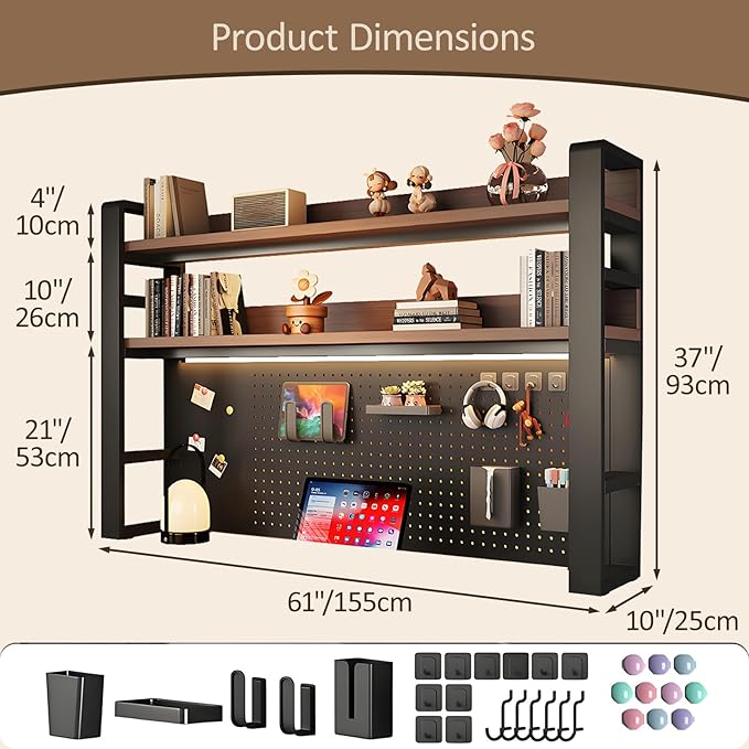 2/3 Tier Desk Hutch with Pegboard, Desk Shelf Organizer with Metal Frame, Space Saving Desktop Bookshelf, Desktop Shelf Organizer Display Rack for Study Table, Home, Of Black+Brown 61×10×37"(3-Tiers)