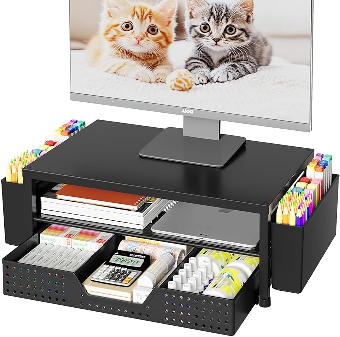 OPNICE Desk Organizer, 2-Tier Computer Monitor Stand Riser with Drawer and 2 Pen Holders, Laptop Stand, Office Desk Accessories for Office Supplies, Black – Hot Seller