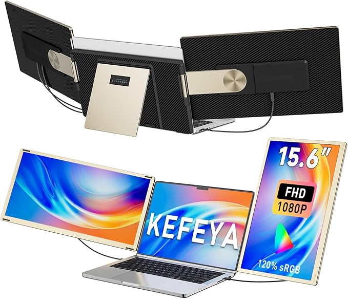 KEFEYA Laptop Screen Extender 15.6", FHD 1080P Portable Triple Monitor for Laptops 13-17.3", 120% sRGB 235° Rotation Detachable Laptop Monitor Extender for Windows/Mac/Dex/Chrome/Surface, Plug n Play