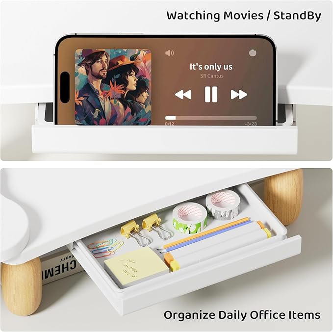 Dual Monitor Riser, Cookie-Shaped Adjustable Length & Swivel Angle, Wooden Desktop Organizer for 2 Monitors,Monitor Stand with Drawer for Laptop, PC, Computer, Printer,White