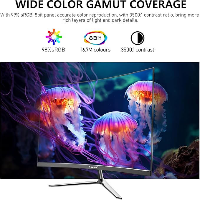 Gawfolk 24.5 Inch Gaming Curved Monitor Built-in Speakers, 3000R 120Hz PC Screen Full HD 1080P, HDMI 2.0, VGA, Wall Mount Compatible 75 * 75mm