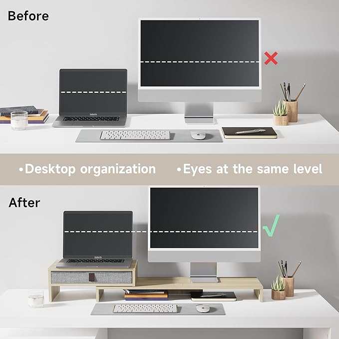 Fenge Computer Monitor Riser Stand with Drawer for 2 or 3 Monitors ,Adjustable Length and Angle Desktop Laptop Stand,Office Organizer,Printer,Oak