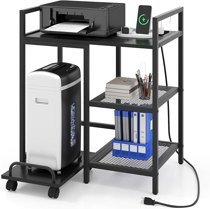 Giantex 3-Tier Printer Stand with Charging Station, 2 Open Storage Shelves, Side PC Stand on Wheels, 25" x 16" Mobile Printer Table for Computer Tower, Printer Shredder, Fax, Under Desk, Home Office