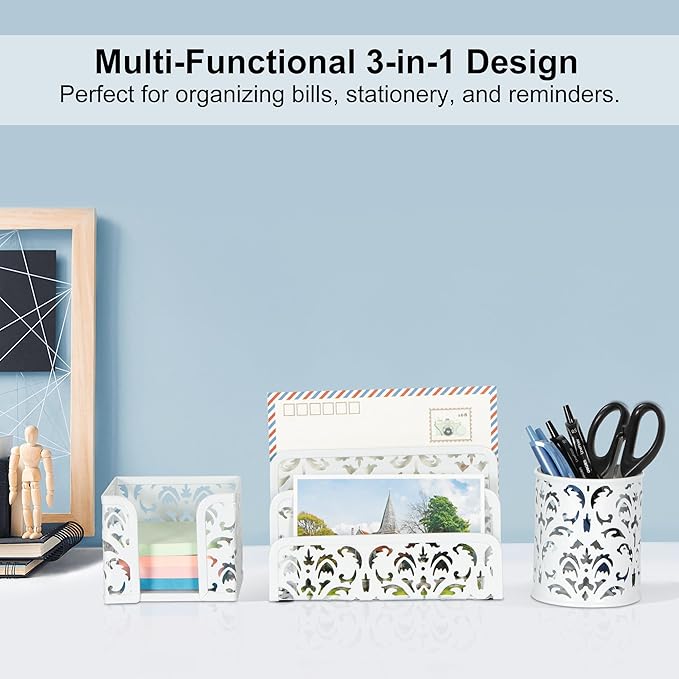 EasyPAG Desk Organizers and Accessories 3 Pieces Office Organizer Set - Pen Holder for Desk, Mail Sorter Countertop and Sticky Note Holder, White