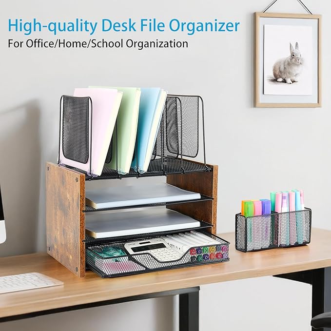 OPNICE Wood Desk Organizers and Accessories, 4-Tier Workspace Desktop Paper Organizer with Drawer, 5 Vertical File Holders and Pen Holder for Office Supplies