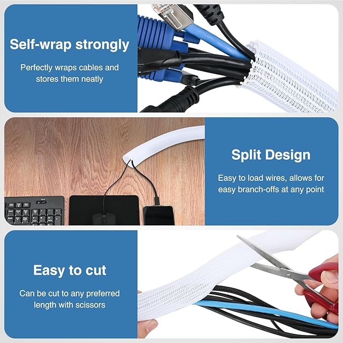 Nilight Cable Sleeve,25ft-1inch Cord Management Sleeves, Braided Sleeving, Split Self Wrapping Wire Loom for Computer Electrical Automotive Harness Protector Organizer, White