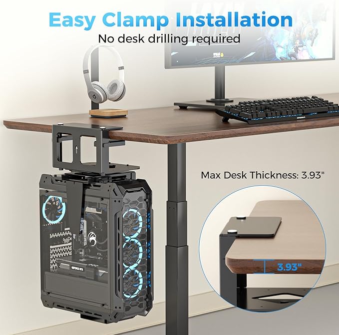 Suptek Clamp-on Desk or Desk Leg PC Mount,Adjustable Height and Width,CPU Under Desk Table Beam PC Mount Bracket Computer Tower Wall and Under Counter Holder