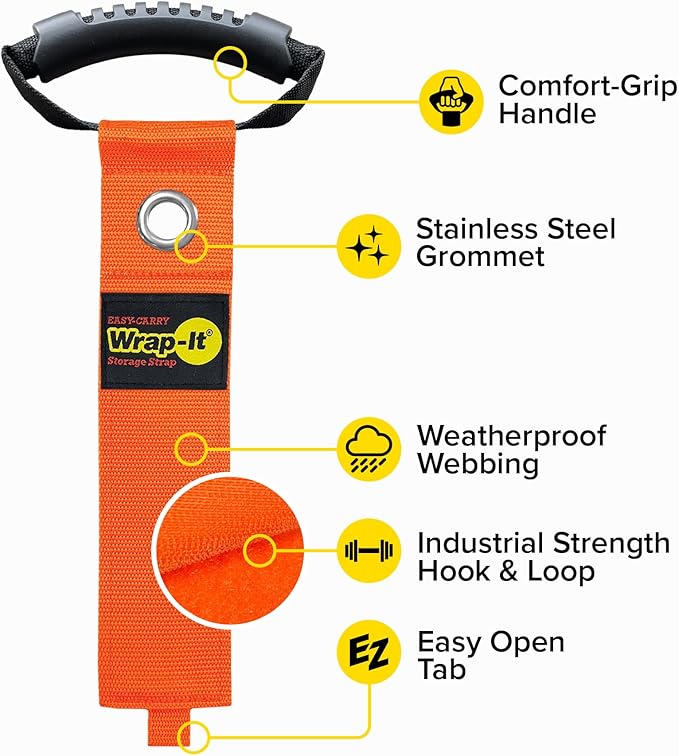 Easy-Carry Wrap-It Storage Straps - 22” (2-Pack) Blaze Orange with Grommet - Extension Cord Storage Holders and Carrying Straps for Garden Hose Storage
