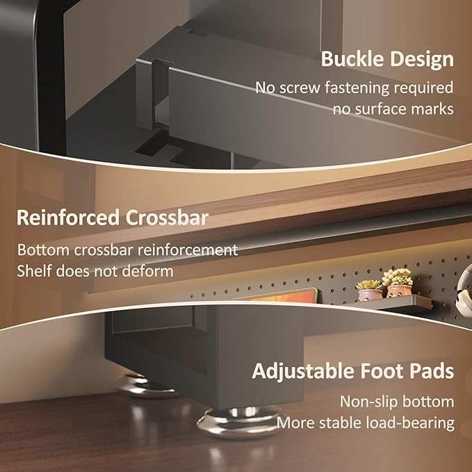 2/3 Tier Desk Hutch with Pegboard, Desk Shelf Organizer with Metal Frame, Space Saving Desktop Bookshelf, Desktop Shelf Organizer Display Rack for Study Table, Home, Of Black+Brown 61×10×37"(3-Tiers)