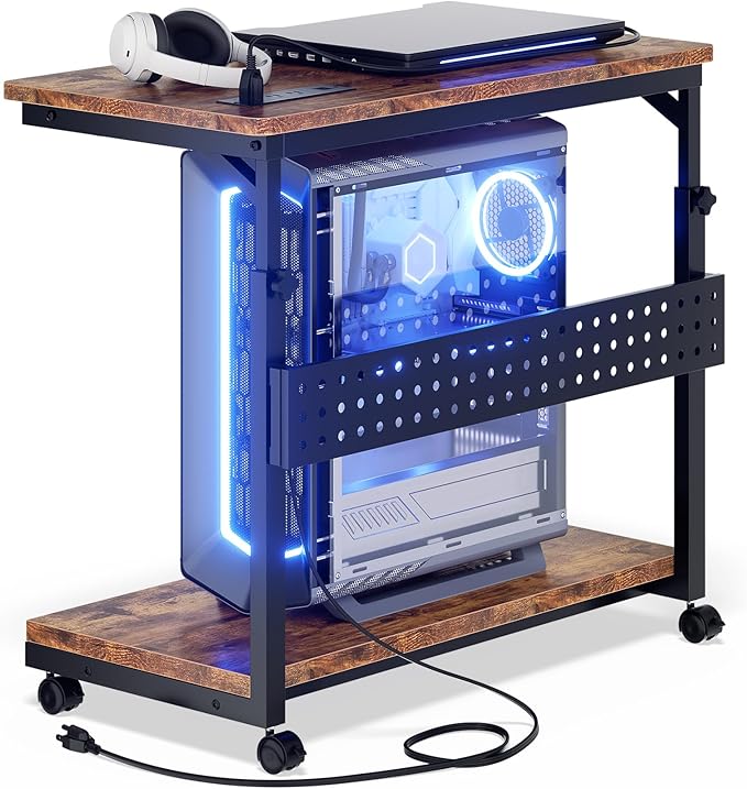 Computer Tower Stand with Power Strips, 4 Levels Manual Height Adjustable PC Tower Stand for Under Desk, Mobile Rolling CPU Holder, Computer Cart with Wheels, 24", Rustic Brown