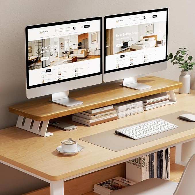 Dual Monitor Stand Riser, 39 Inch Large Wood Monitor Stands for 2 Monitors, Desk Monitor Riser for Computer/Laptop/Printer/TV, Stand Riser up to 220 lbs