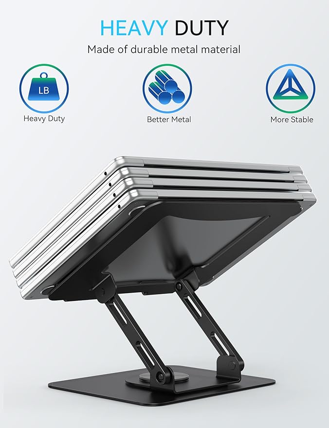 SOUNDANCE Laptop Stand with 360° Rotating Base, Ergonomic Computer Riser for Desk, Adjutable Height Muti-Angle, Foldable Laptop Mount, Stable Metal Holder Support 10-15.6" Notebook PC, Black