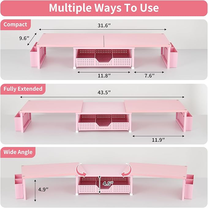 OPNICE Wood Desk Organizers and Accessories, Dual Monitor Stand Riser with Drawer and 2 Pen Holders, Desk Shelf Computer Racks for Office Workspace Organizers, Desktop Organization (Pink)