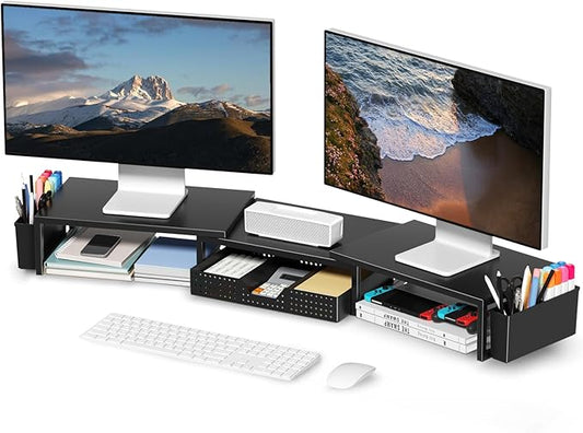 OPNICE Desk Organizers and Accessories, Dual Monitor Stand Riser with Drawer and 2 Pen Holders, Desk Shelf Metal Computer Racks for Office Workspace Organizers, Desktop Organization (Black)