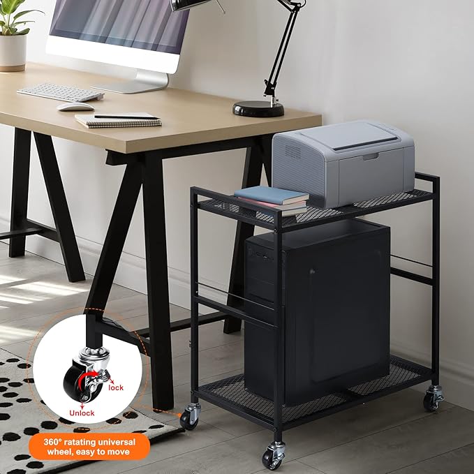 OYEAL Computer Tower Stand, PC Tower Stand Metal Rolling Cart Holds up to 40lbs, 2 Tier Mobile Printer Stand with Storage Under Desk for Home & Office, Black