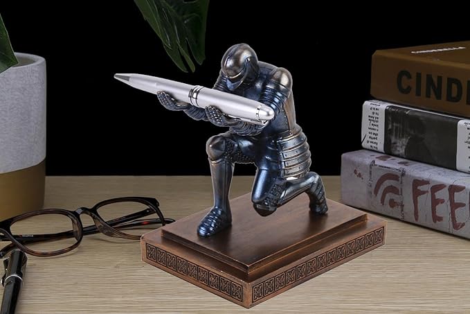 Knight Pen Holder Desk Organizers and Accessories Desk Decor Resin Pen Holder as Gift with a Cool Pen for Office and Home (Blue)