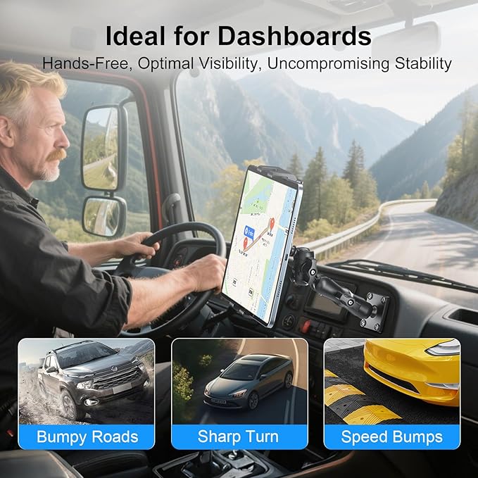 PLDHPRO Tablet Mount for Truck, Heavy Duty Drill Base Tablet Holder for Car Dashboard, Adjustable 2-Stage Stand Compatible with iPad, Galaxy Tab/Z Fold, 5.1-15.6'' Phone Tab for Wall, Vehicle, Boat