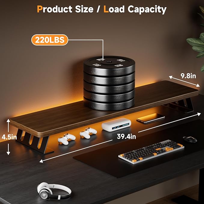 Dual Monitor Stand Riser, 39 Inch Large Wood Monitor Stands for 2 Monitors, Desk Monitor Riser for Computer/Laptop/Printer/TV, Stand Riser up to 220 lbs
