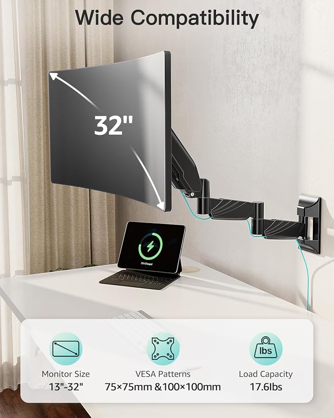 MOUNT PRO Monitor Wall Mount for 13 to 32 inch Computer Screen, Extra Long Adjustable Single Wall Mount Monitor Arm, Full Motion Vesa Wall Bracket 100x100, Hold up to 17.6lbs, Black