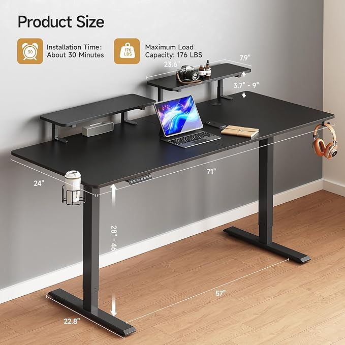 ONBRILL Standing Desk with 2 Adjustable Monitor Shelves, 71 x 24 Inches Electric Stand Up Desk with Memory Controller and Adjustable Height from 28-46 inches for Computer Workstations, Black