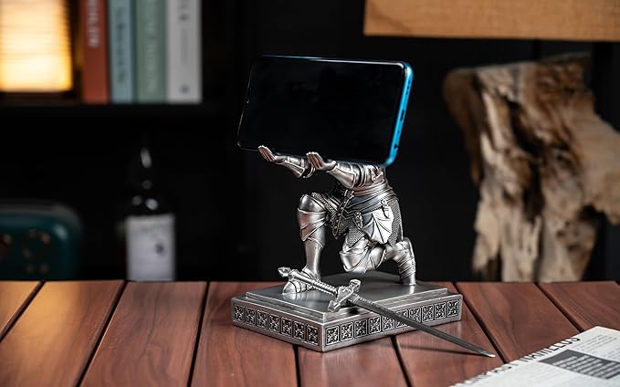 Medieval Armored Warrior Knight Pen Holder Desk Organizers and Accessories Resin Pencil Holder Paperweight as Gift with a Cool Letter Opener for Desk (Silver)
