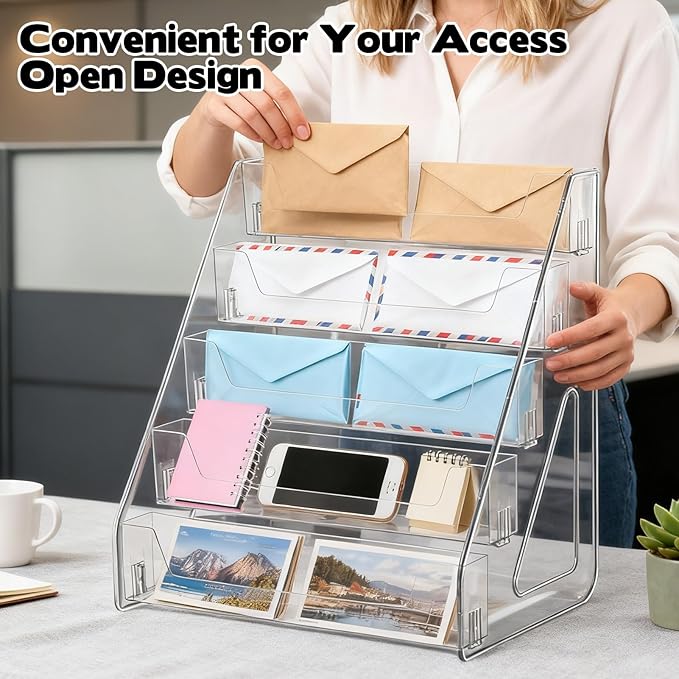5-Tier Mail Organizer Countertop Laddered Acrylic File Mail Desktop Organizer Sorters Clear Letter Holder Multifunctional Desk File Storage Holders Envelope Folder Racks for Office Home School