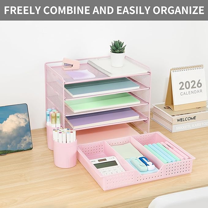 Desk Organizer and Accessories, 5-Tier Paper Letter Tray Organizer with Drawer & 2 Pen Holders for Desktop File Organization, Office Desk Accessories for Supplies Storage (Pink)