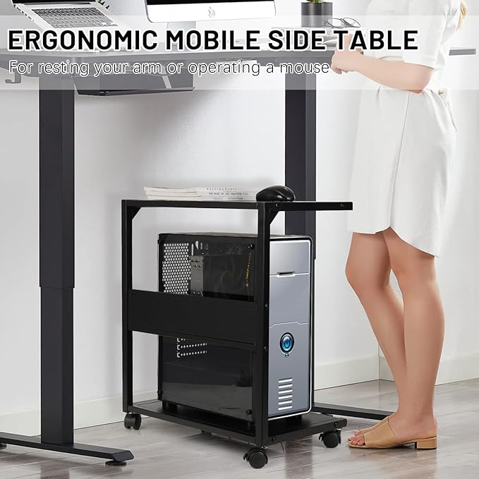 PC Stand Computer Tower Stand 2-Tier Metal CPU Holder with Locking Caster Wheels Suitable for Most PC (Black, L)