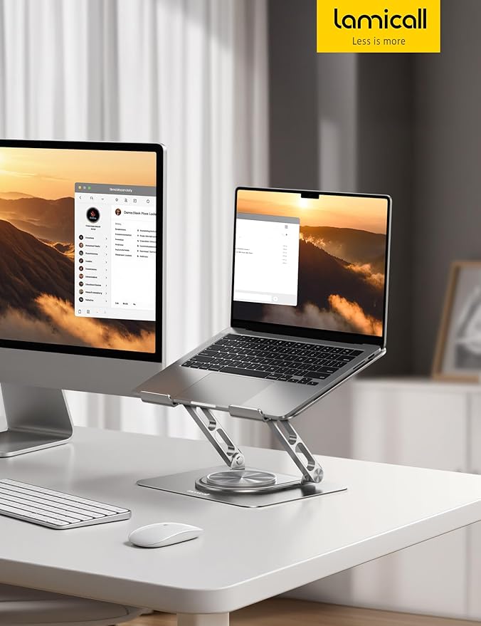 Lamicall Adjustable Laptop Stand for Desk - 360 Rotating Base Ergonomic Computer Stand, Aluminum Laptop Riser Foldable Protable for Office Home fits MacBook Air Pro, Dell, HP (10-17.3'') -Sliver
