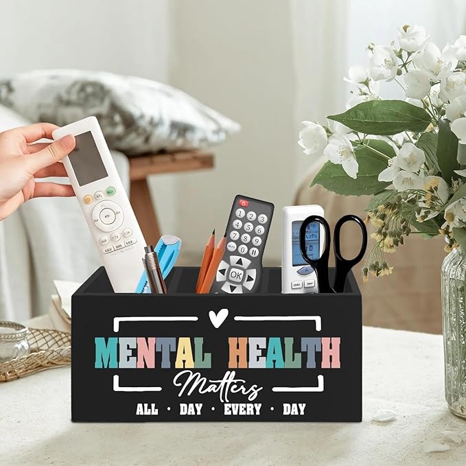Mental Health Matters Pen Pencil Holder Organizer for Desk Accessories, Therapy Office Decor, Motivational Wooden Box Signs Decorations for Therapist Counseling Office Desk Tabletop