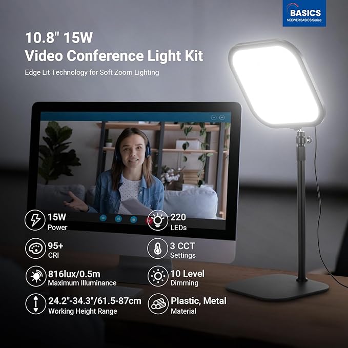 NEEWER Basics 2 Pack 10.8" Video Conference Lighting with Desk Stands/Phone Holders, 15W Bi Color Edge Lit Full Screen Light CRI95+ for Computer Laptop Webcam Zoom Calls Streaming Recording, L220