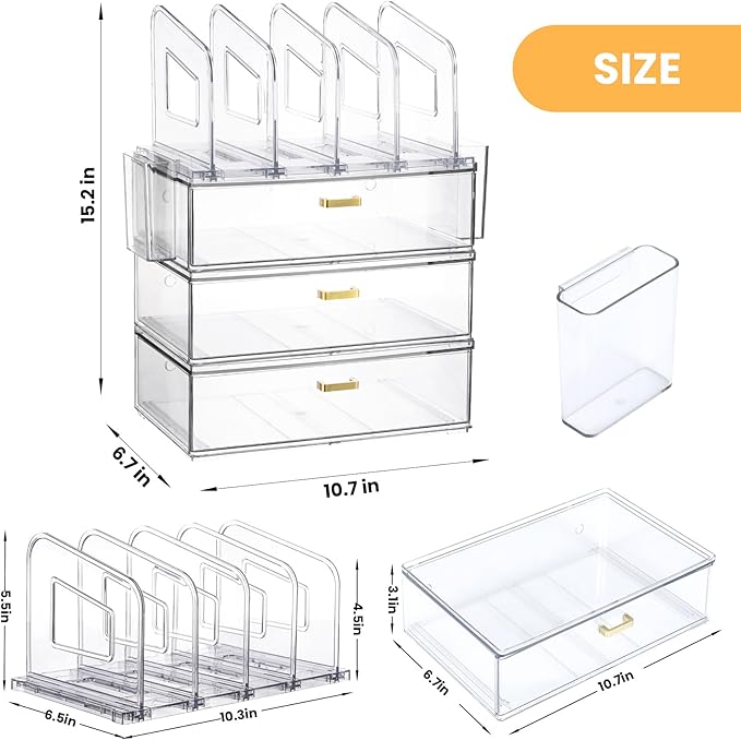 Acrylic Desk Organizer with 4-Vertical File Holder Rack, 3-Clear Drawer and 2 Pen Holders, Desktop Storage for Office Desk Accessories School Classroom Organization (Clear)