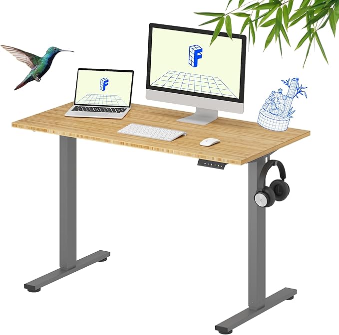 FLEXISPOT EN1 Bamboo Standing Desk, 48 x 24 Inches Whole-Piece Electric Height Adjustable Desk (Silver Frame + Bamboo Top, 2 Packages)