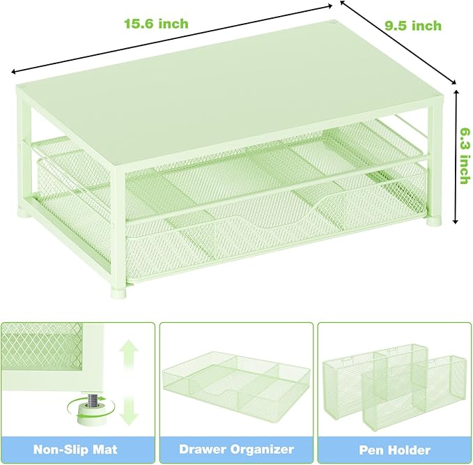 OPNICE Desk Organizers and Accessories, 2-Tier Computer Monitor Stand Riser with Drawer and 2 Pen Holders, Laptop Stand, Office Desk Accessories for Office Supplies, Green
