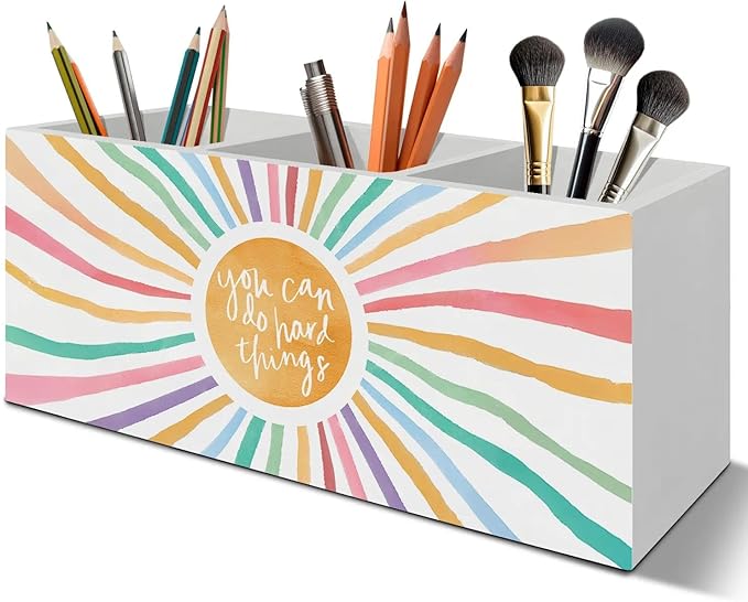 Boho Colorful Sunshine Pen Pencil Holder Organizer for Desk Accessories, Boho Classroom Decor, You Can Do Hand Things Inspirational Wooden Box Signs Decorations for Kids Room Desk Tabletop