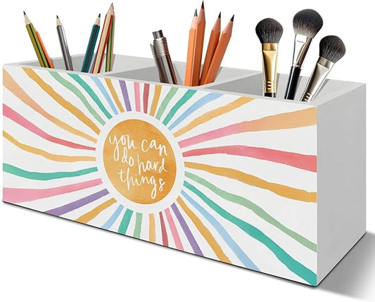 Boho Colorful Sunshine Pen Pencil Holder Organizer for Desk Accessories, Boho Classroom Decor, You Can Do Hand Things Inspirational Wooden Box Signs Decorations for Kids Room Desk Tabletop