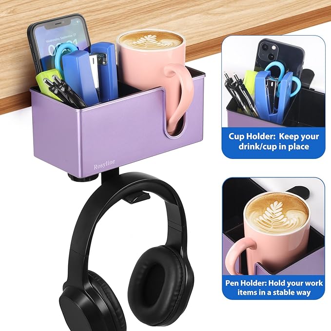 Rosyline 3-in-1 Clip-on Desk Organizer for Expanding Office and Gaming Space - Pen, Headphone, and Desk Item Holder (Purple)