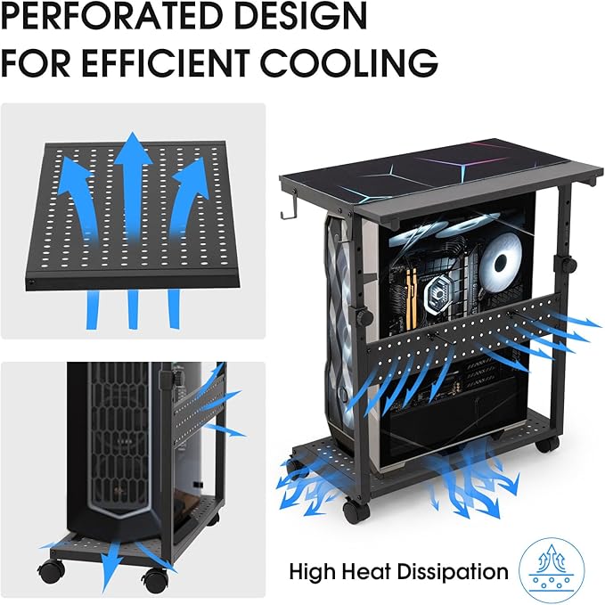 KEBE Wider Tower Stand, Height Adjustable Computer Tower for Gaming Home Office, 2-Tier PC Stand Printer Rack ATX-Case CPU Holder Cart with Wheels & Mouse Pad, Black