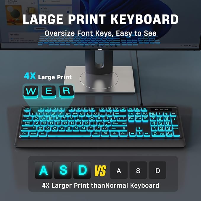 Large Print Keyboard - 7 Interchangeable Backlight Colors, Light Up USB Wired Computer Keyboards, USB Plug-and-Play, Foldable Stands, Corded Full Size Keyboard for Windows, PC, Laptop