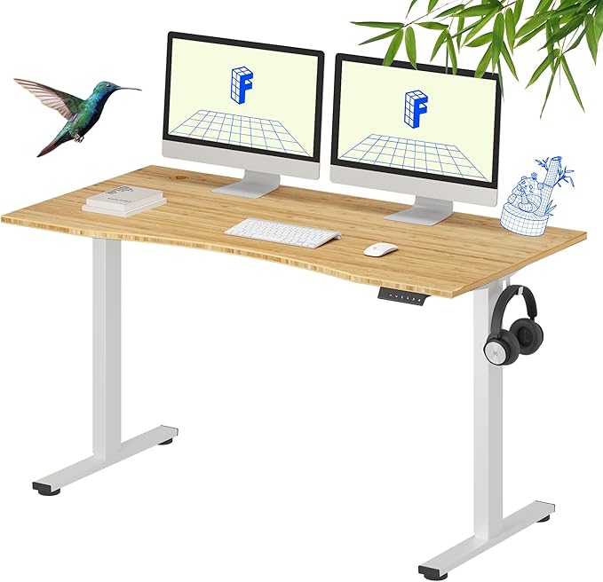 FLEXISPOT EN1 Bamboo Standing Desk, 55 x 28 Inches Whole-Piece Electric Adjustable Height Sit Stand Desk for Home Office (White Frame + Bamboo Curved Desktop, 2 Packages)