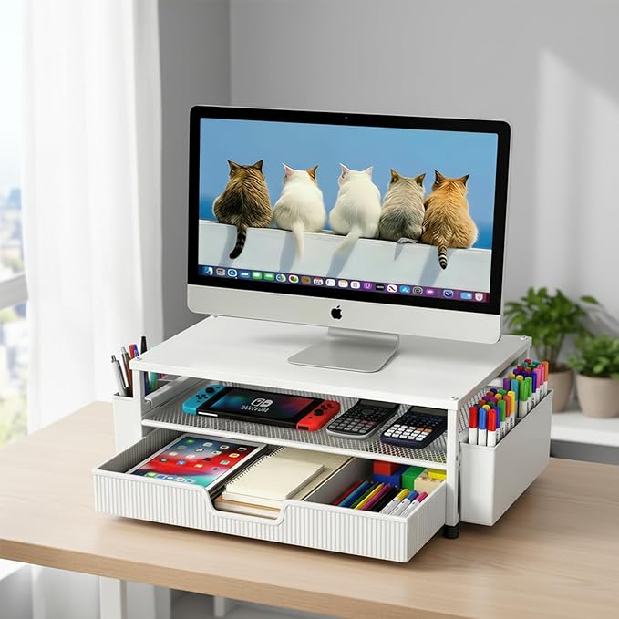 Desk Organizer and Accessories, 2-Tier Computer Monitor Stand Rise with Storage Drawer & 2 Pen Holders, Laptop & Printer Stand for Desktop, Workspace Organizers for Office Supplies (White)