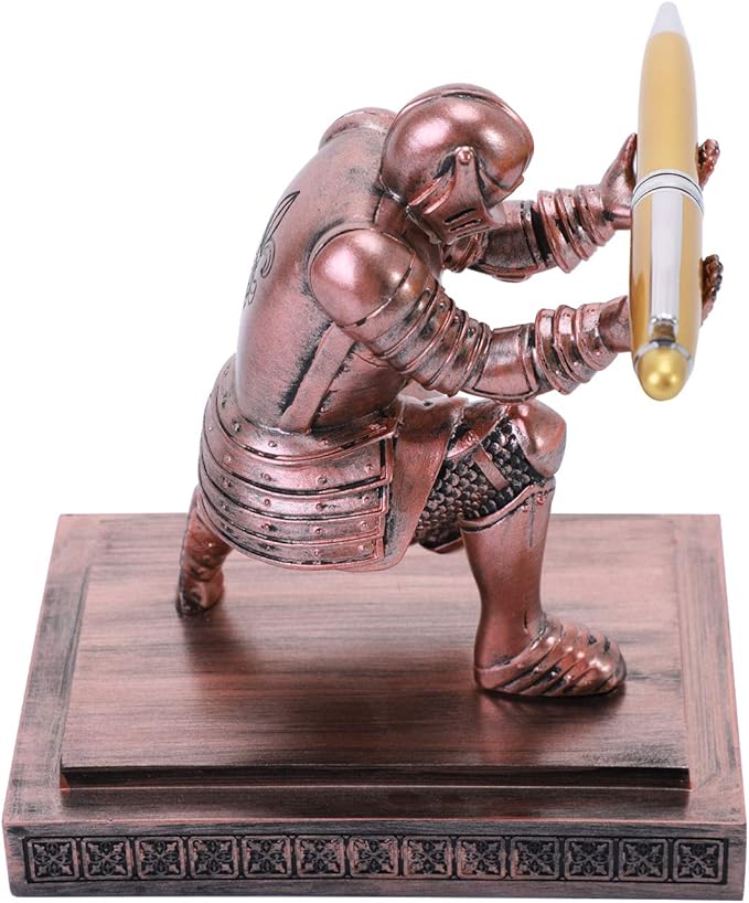 Knight Pen Holder Desk Ornament Resin Pencil Holders Desk Accessories and Organizer For Men with a Cool Pen (Bronze)