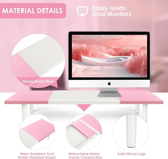 Dual-Monitor-Stand-Riser-For-Desk Adjustable Length 32-40 Inch，Large Desktop Computer Monitor Riser For 2 Screens，Desk Shelf Organizer Riser Stand For Computer/Laptop/PC/Printer/TV