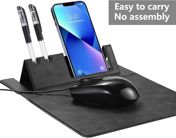 Premium PU Leather 3-in-1 Mouse Pad with Phone Stand and Pen Holders, 9.7x7.7 inches Organizer Desk Mat for Reception counters and Home Office (Black 1Pack)