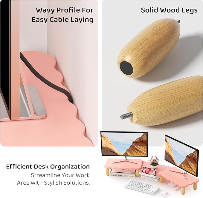 Dual Monitor Riser, Cookie-Shaped Adjustable Length & Swivel Angle, Wooden Desktop Organizer for 2 Monitors,Monitor Stand with Drawer for Laptop, PC, Computer, Printer,Pink