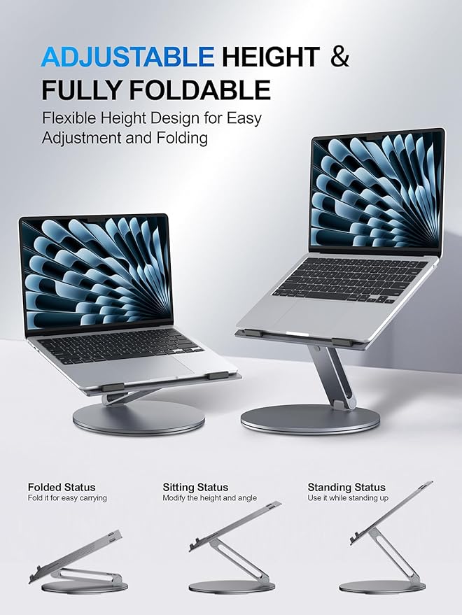 Laptop Stand for Desk, 360° Rotating & Height Adjustable Ergonomic Computer Riser with Aluminum Cooling Vents for 10-16 inch MacBook, Dell, Lenovo (Foldable, Portable for Office & Home) - Gray