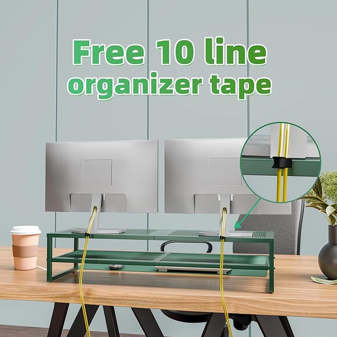 Simple Trending 2 Tier Metal Dual Monitor Stand Riser, Computer Office Desktop Organizer for 2 Monitors with 32"x10" Mouse Pad for Laptop, Printer, TV, Green